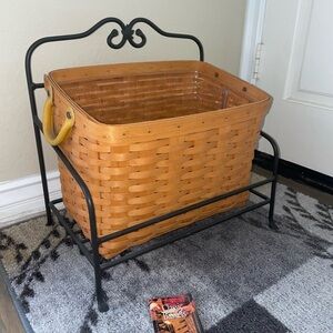 Longaberger Newspaper basket with wrought iron stand holder rack & plastic prot